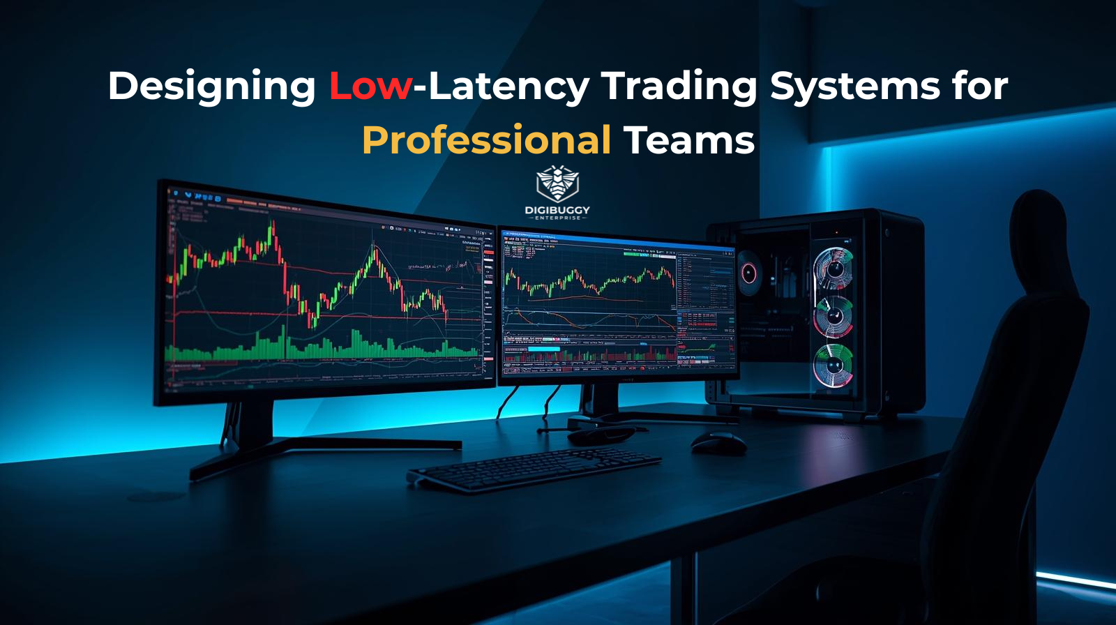 Low-latency trading system featuring a multi-monitor professional trading setup and enterprise-grade workstation for quant and financial teams.