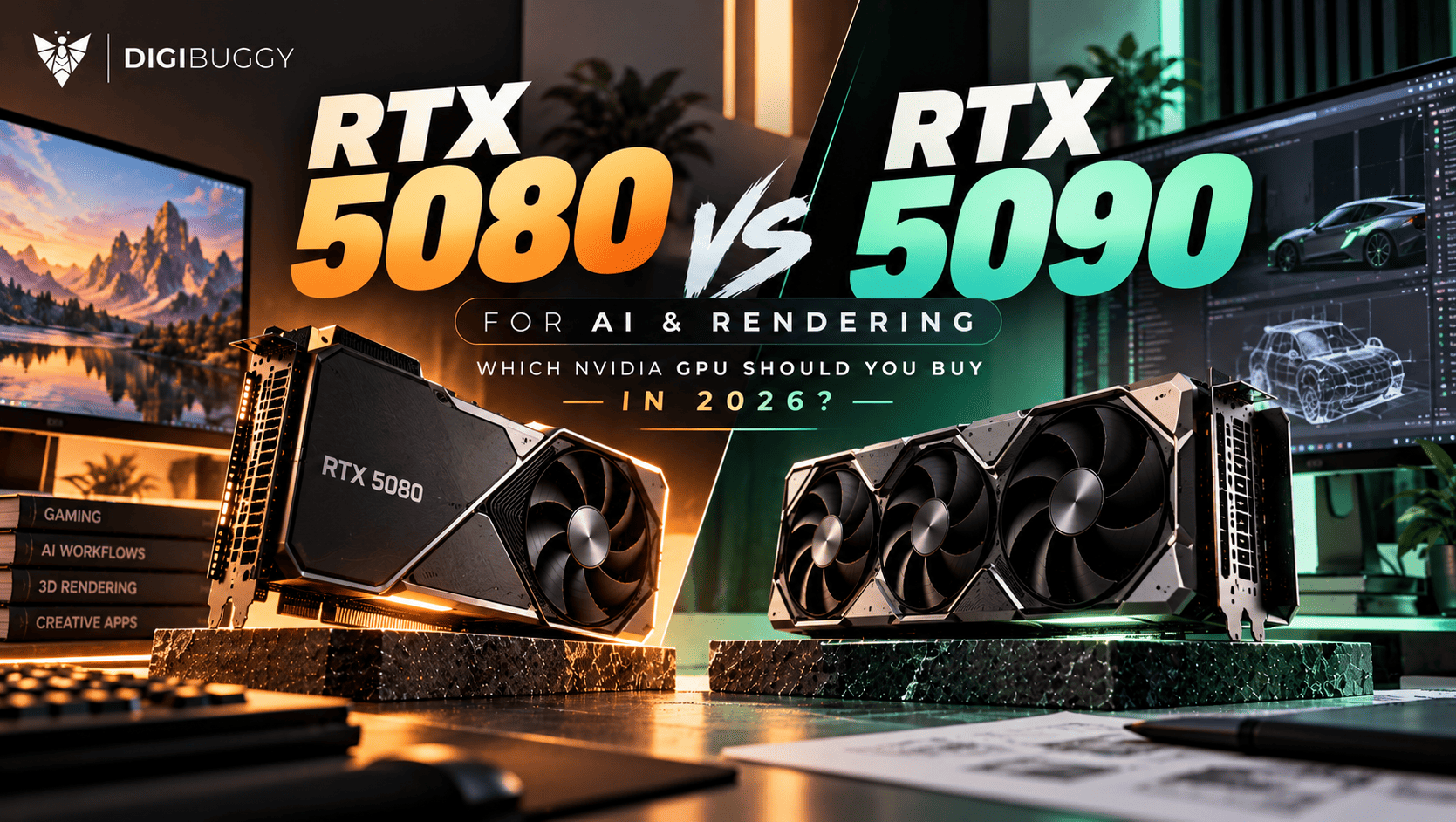 RTX 5080 vs RTX 5090 comparison for AI, Blender rendering, Stable Diffusion, local LLMs, gaming, and content creation in 2026. Compare NVIDIA GPUs and build your custom AI workstation with Digibuggy today.