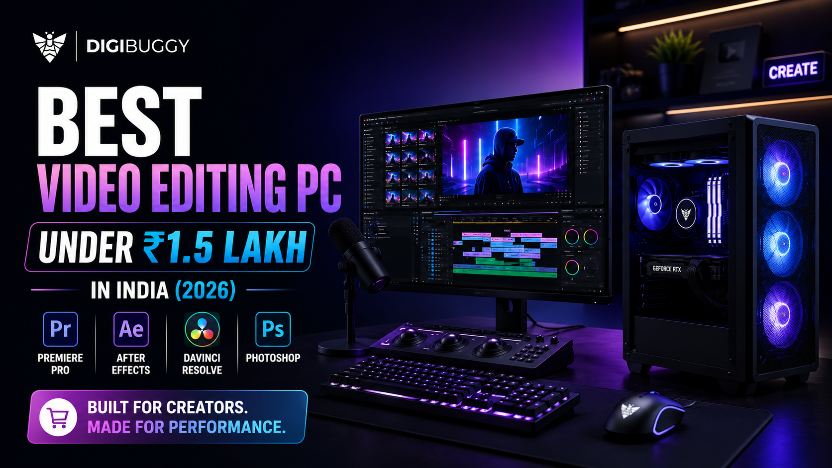 Best video editing PC under ₹1.5 lakh in India (2026) featuring an RTX 5060 Ti workstation for Adobe Premiere Pro, DaVinci Resolve, After Effects, Blender, and 4K editing. Build your custom creator PC with Digibuggy today.
