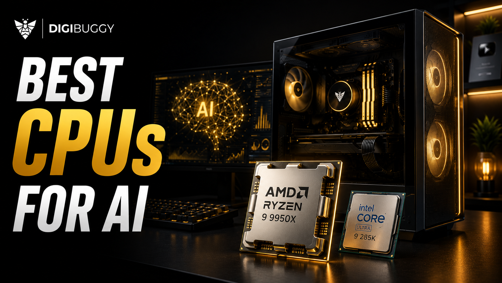 Best CPUs for AI workloads in 2026 featuring AMD Ryzen, Intel Core Ultra, and Threadripper processors for machine learning, local LLMs, Stable Diffusion, and AI workstations. Build your custom AI PC with Digibuggy today.