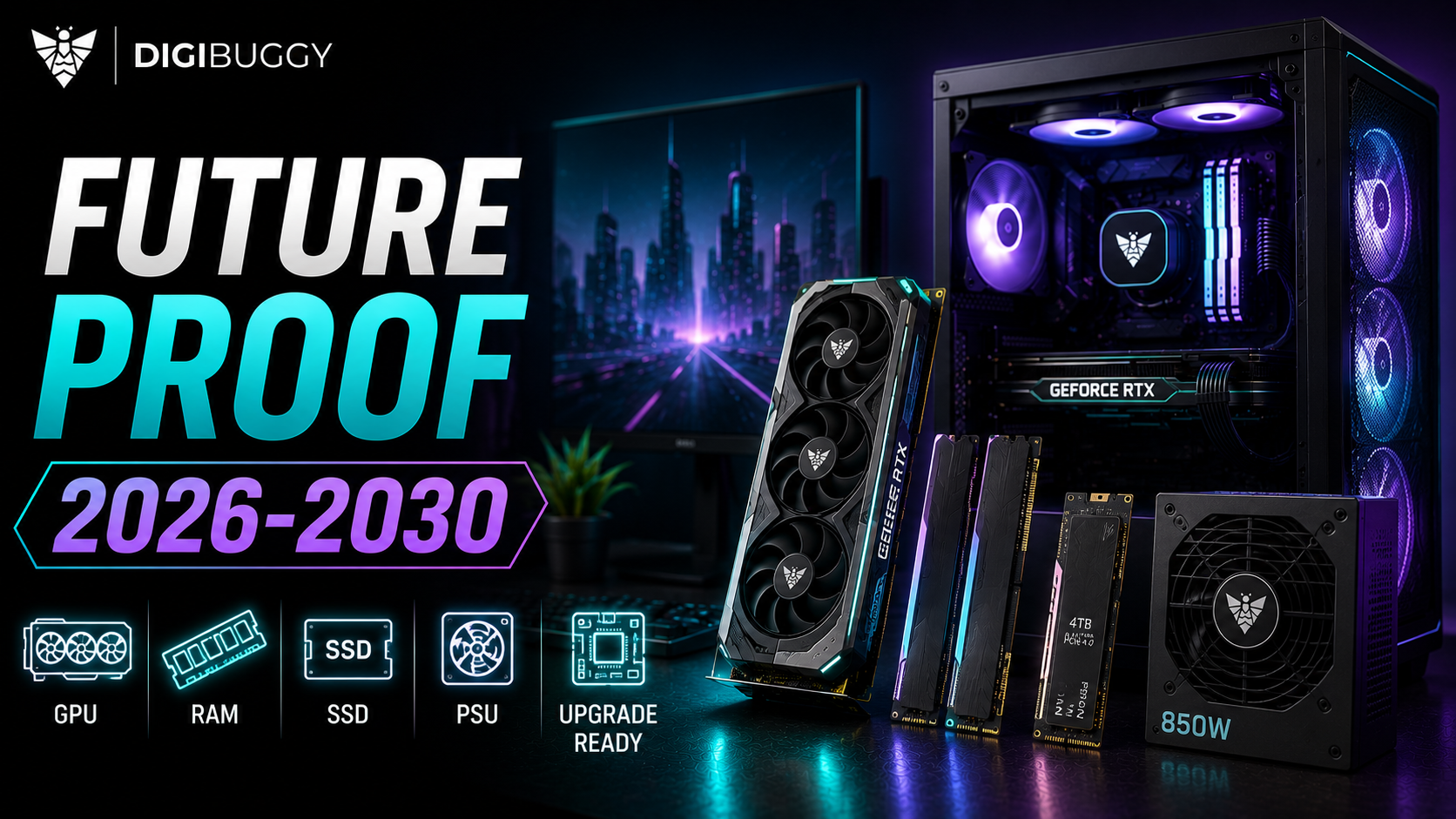 Future-proof gaming PC 2026-2030 guide showing the best GPU, VRAM, RAM, storage and upgrade options for a gaming PC