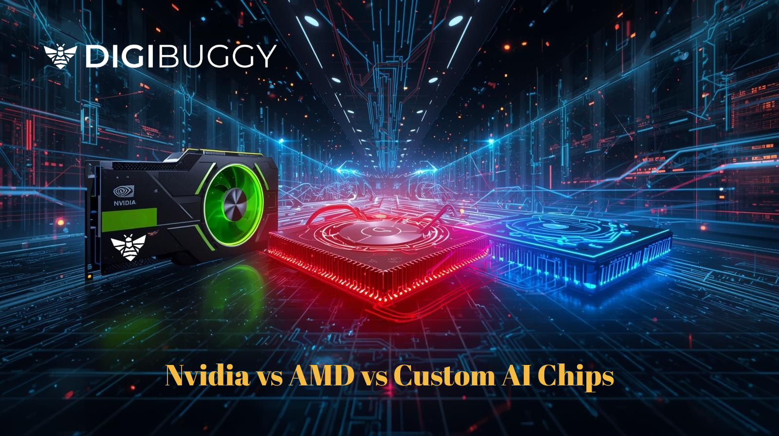 NVIDIA vs AMD vs custom AI chips comparison showing GPUs, AI accelerators, and data center hardware for AI computing