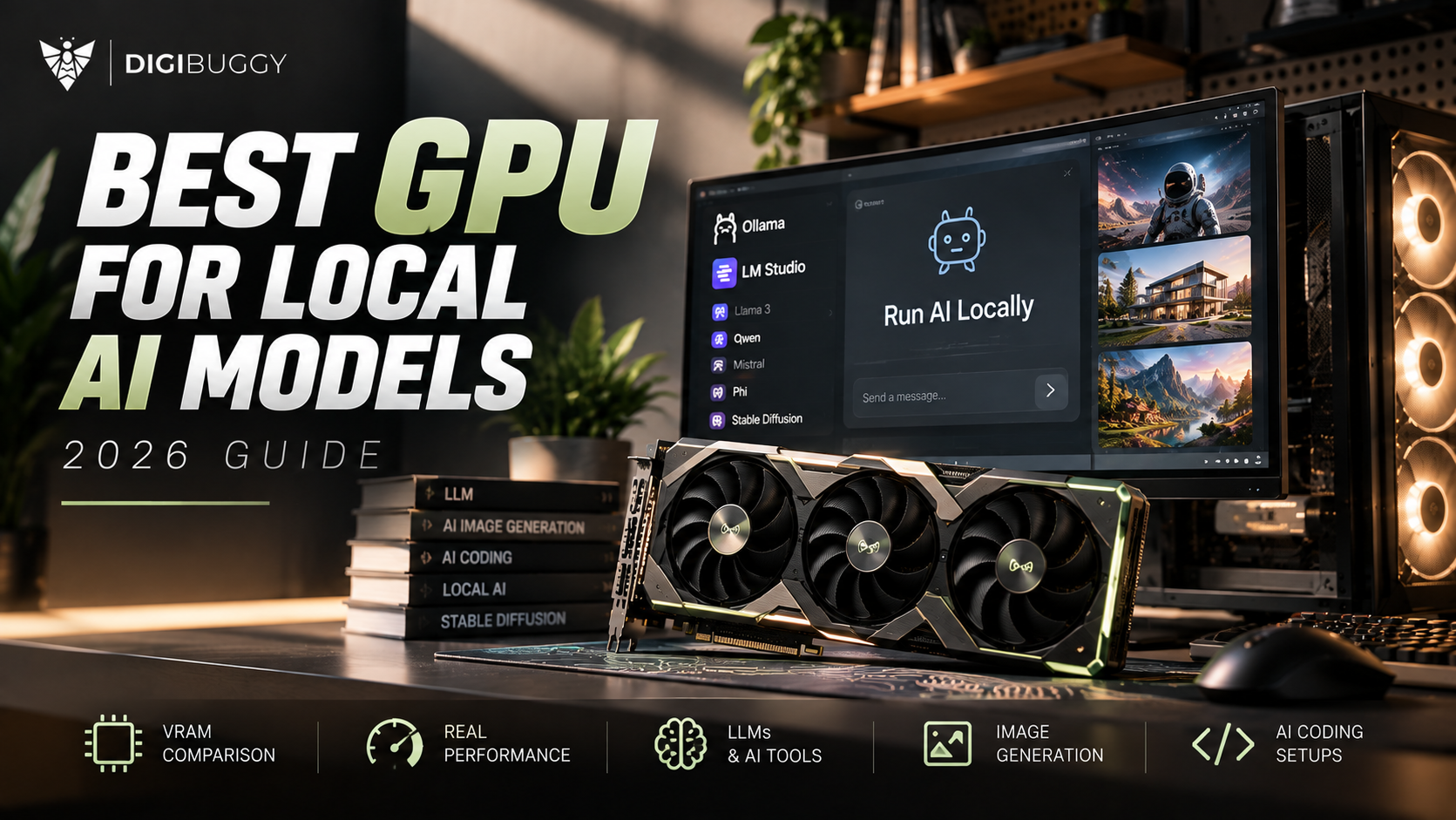 Best GPU for Local AI Models in India 2026 by Digibuggy featuring an RTX AI workstation PC, local LLM setup, Stable Diffusion GPU build, AI rendering desktop, high VRAM graphics card, and premium machine learning workstation.