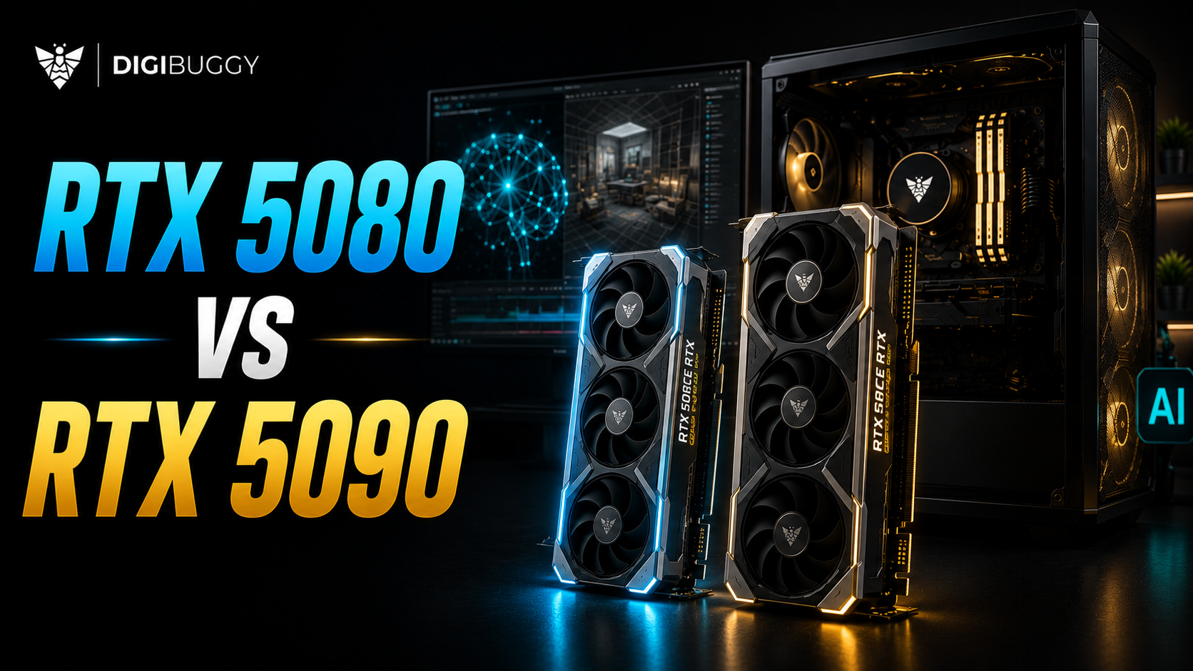RTX 5080 vs RTX 5090 comparison for AI, Blender rendering, Stable Diffusion, local LLMs, gaming, and content creation in 2026. Compare NVIDIA GPUs and build your custom AI workstation with Digibuggy today.