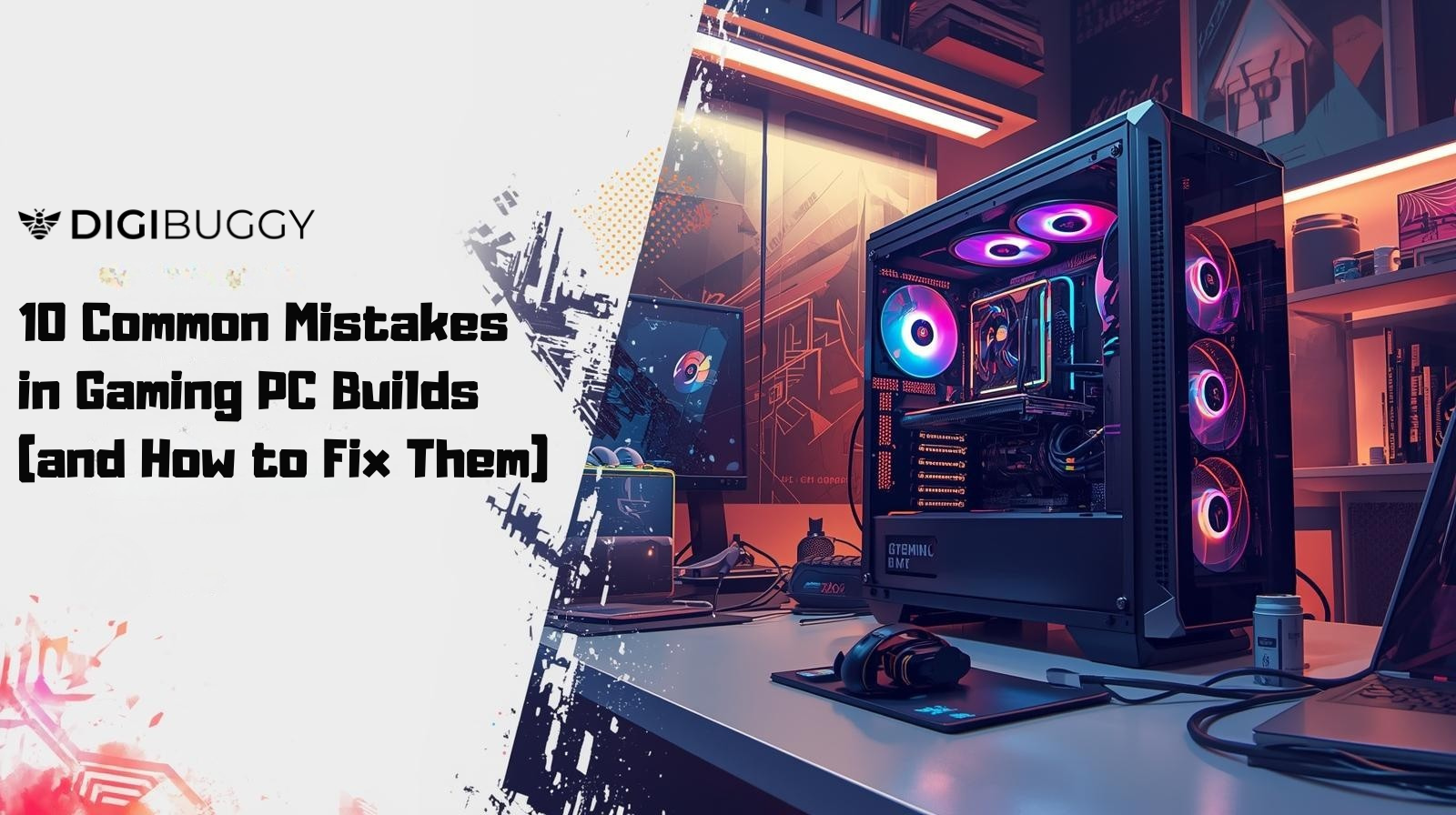 Modern gaming setup with an RGB PC build on a desk and bold text reading “10 Common Mistakes in Gaming PC Builds (and How to Fix Them)” by Digibuggy.