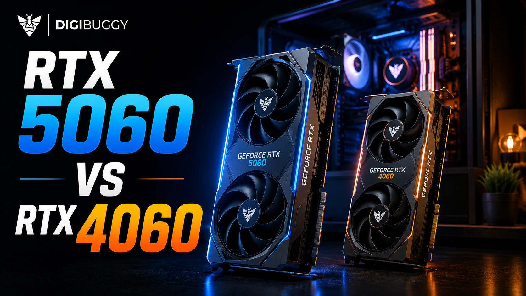 RTX 5060 vs RTX 4060 graphics card comparison for gaming, content creation, AI, and 1440p performance in India (2026). Compare NVIDIA GPUs and build your custom gaming PC with Digibuggy today.