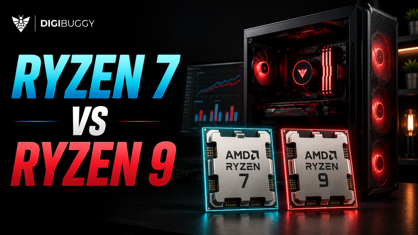 Ryzen 7 vs Ryzen 9 processor comparison for gaming, AI, content creation, and productivity in 2026. Compare AMD CPUs and build the perfect custom gaming or workstation PC with Digibuggy today.