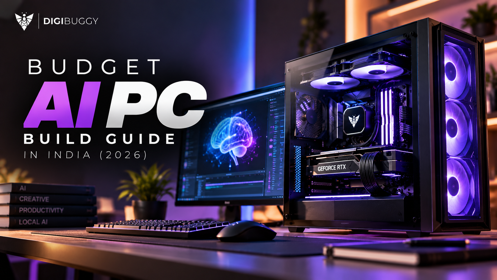 Budget AI PC build under ₹1 lakh in India featuring RTX 5050, Ryzen 5 7600, local LLMs, Stable Diffusion, AI coding, and content creation workstation. Build your AI-ready PC with Digibuggy today.