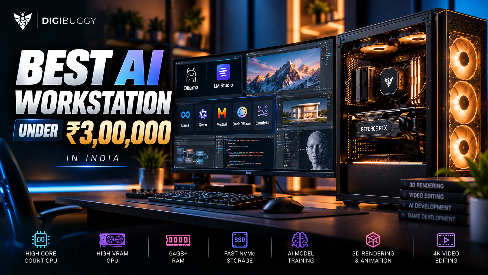 Best AI Workstation Under ₹3 Lakh in India by Digibuggy featuring an RTX 5080 AI PC with 64GB DDR5 RAM, local LLM support, Stable Diffusion workflows, machine learning, AI rendering, and high-performance creator workstation setup.